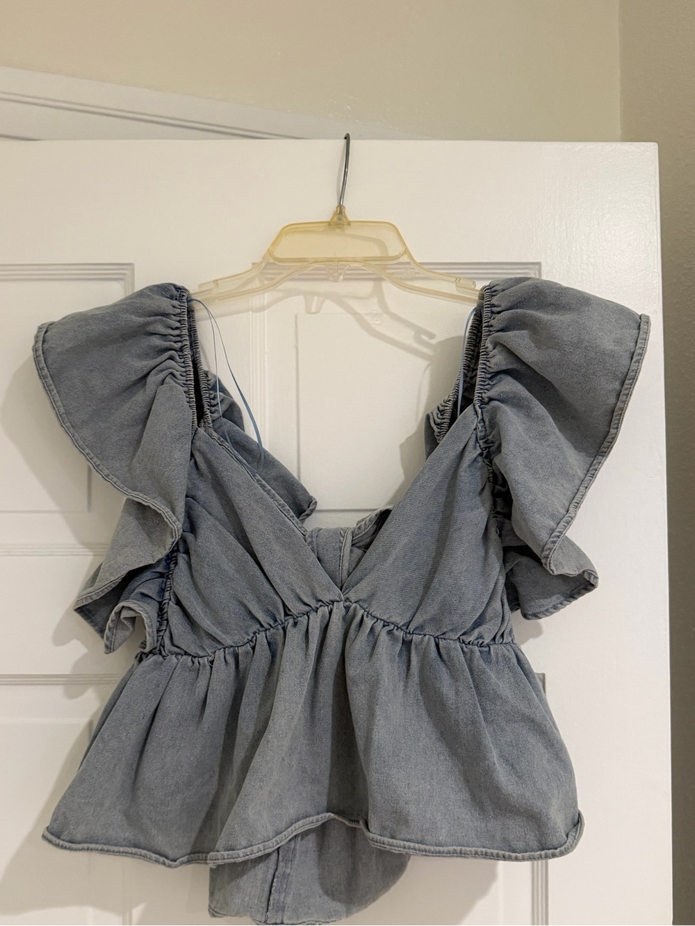 Women's Ruffled Denim Peplum Blouse - Gray